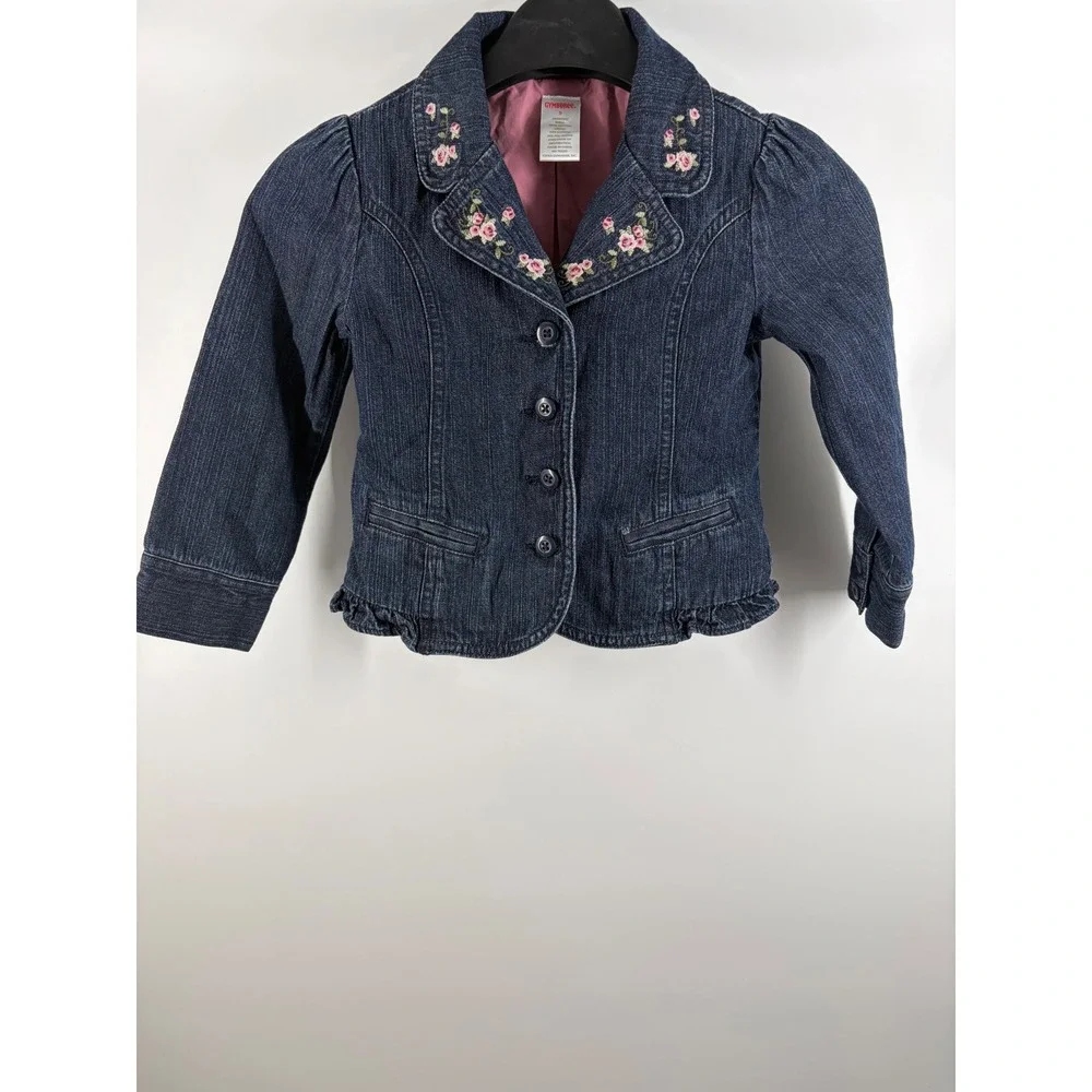 Vintage Gymboree Girls Dark Wash Denim Floral Embroidered Ruffle Jacket